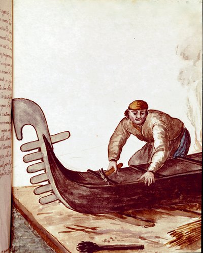 Ambachten: de gondelmaker Aquarel en inkttekening uit een manuscript door Jan van Grevenbroeck (of Giovanni Grevembroch) (1731-1807) door Jan van Grevenbroeck