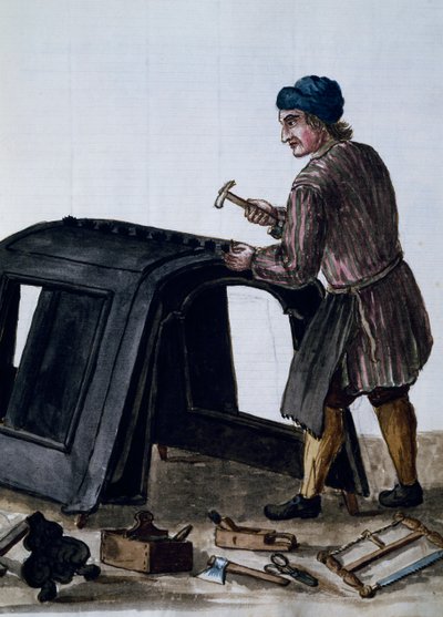 Gondelbouwers, illustratie door Jan van Grevenbroeck uit manuscript Kleding van Venetianen, Italië door Jan van Grevenbroeck