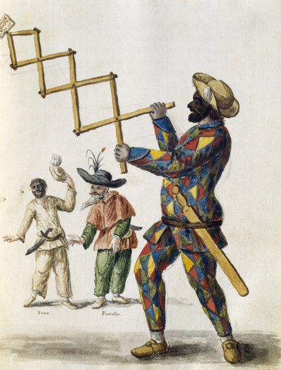 Harlekijn, aquarel uit De Venetiaanse kledij, van bijna elke leeftijd zorgvuldig verzameld en geschilderd in de 18e eeuw, door Jan van Grevenbroeck of Giovanni Grevembroch, Italië door Jan van Grevenbroeck