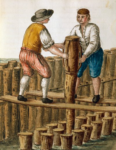Funderingen leggen van de Venetiaanse lagune, illustratie uit Dress of Venetians manuscript door Jan van Grevenbroeck