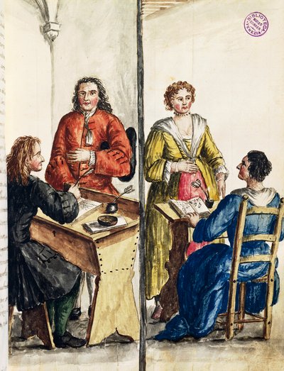Huwelijksbureau, illustratie uit geïllustreerd boek van Venetiaanse kostuums door Jan van Grevenbroeck