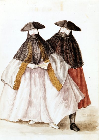 Maskers van het Carnaval van Venetië. Aquarel en inkttekening uit het manuscript 