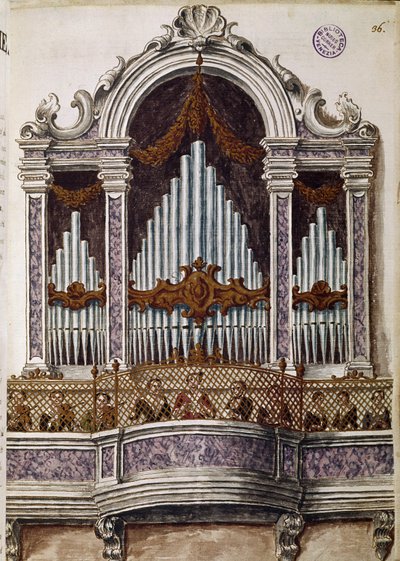Weeskinderen zingen, orgel van het koor van de kerk van het Ospedale della Pietà, Venetië door Jan van Grevenbroeck