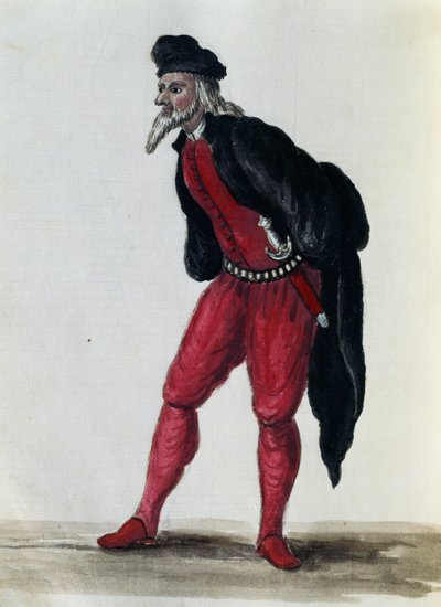Pantaloon, Koopman van Venetië, illustratie uit Kostuums van Venetianen uit bijna elke eeuw, zorgvuldig verzameld en geschilderd in de 18e eeuw, Giovanni di Grevembroch (1731-1807) door Jan van Grevenbroeck
