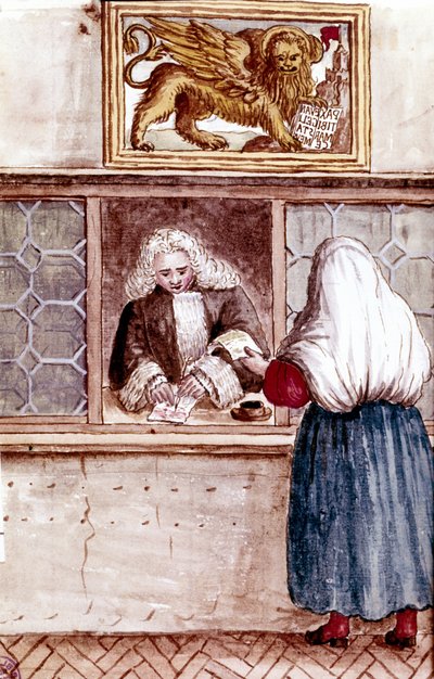 Pandjeshuis. Berg van barmhartigheid in Venetië. Aquarel en inkt uit het manuscript 