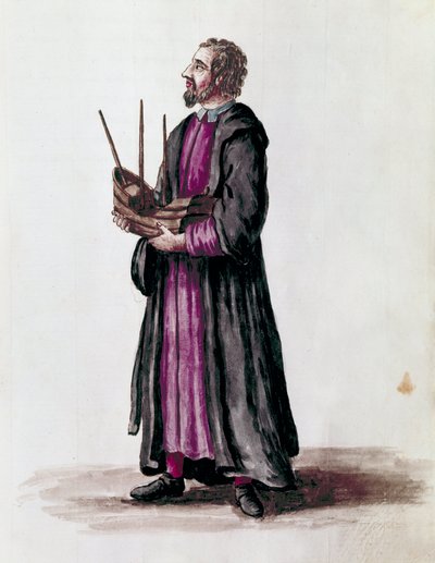 Voorstelling van een scheepsarchitect, hij hield in zijn handen het miniatuurmodel van het schip dat hij bouwde (detail). Aquarel en inkttekening uit het manuscript “Gewoonten van de Venetianen” door Jan van Grevenbroeck (of Giovanni Grevembroch) (1731-180 door Jan van Grevenbroeck