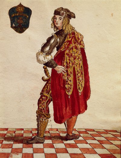 Kostuum van ridder van de Broederschap de la Calza (Stocking) in 1564, uit Gli Abiti de Veneziani, geïllustreerd kostuumboek, aquarel door Jan van Grevenbroeck