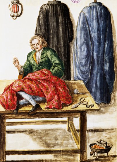 Kleermakerswinkel, illustratie door Jan van Grevenbroeck uit Dress of Venetians manuscript door Jan van Grevenbroeck