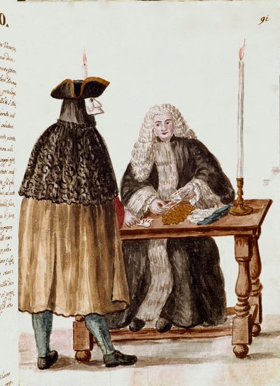 De speelkamer: een personage maskeert zich voor de dealer die kaarten trekt, munten worden verzameld op de tafel. Aquarel en inkttekening uit een manuscript van Jan van Grevenbroeck (of Giovanni Grevembroch) (1731-1807) door Jan van Grevenbroeck