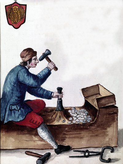 De vervaardiging van munten van de Republiek Venetië: fase van het slaan. Aquarel en inkt uit het manuscript “Customs of the Venitians” door Jan van Grevenbroeck (of Giovanni Grevembroch) (1731-1807) door Jan van Grevenbroeck