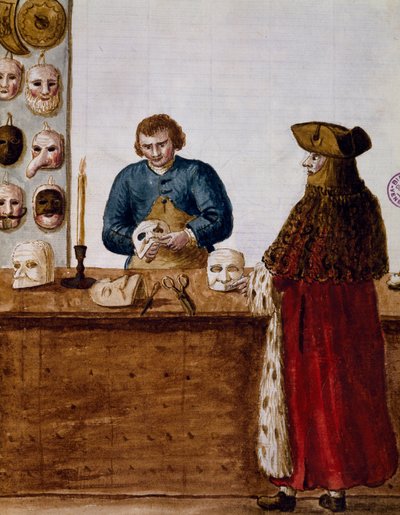De maskerswinkel, illustratie uit Geïllustreerd boek van Venetiaanse kostuums door Jan van Grevenbroeck