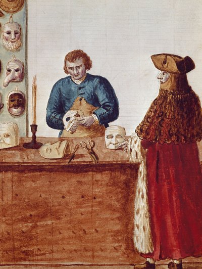De maskershop van het Venetiaanse carnaval: een gemaskerd personage komt een masker ophalen bij de ambachtsman. Aquarel en inkttekening uit een manuscript van Jan van Grevenbroeck (of Giovanni Grevembroch) (1731-1807) door Jan van Grevenbroeck