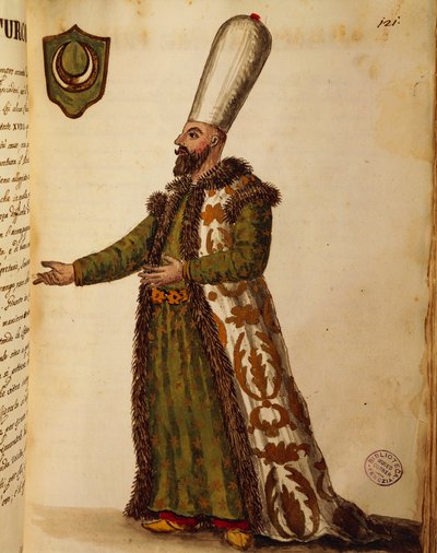 Turkse ambassadeur in Venetië, gekleurde gravure door Giovanni di Grevembroch, uit Gli abiti de veneziani (kostuums van Venetianen), deel II, plaat 121 door Jan van Grevenbroeck