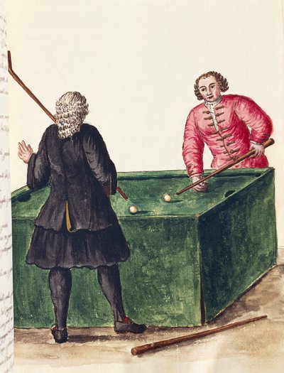 Twee Venetiaanse edelen spelen biljart, door Jan Grevenbroeck (1731-1807), gravure, Italië door Jan van Grevenbroeck