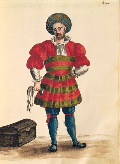 Venetiaanse kleding: Venetiaanse reiziger, uit Gli Abiti de Veneziani, geïllustreerd kostuumboek, aquarel door Jan van Grevenbroeck