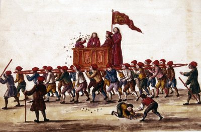 Venetiaanse feesten. De prins die net is gekozen wordt door de Arsenal-arbeiders in triomf naar het San Marcoplein gedragen. Tijdens de tocht gooit hij munten naar de menigte. Aquareltekening en inkt uit het manuscript “Gewoonten van de Venetianen” door door Jan van Grevenbroeck