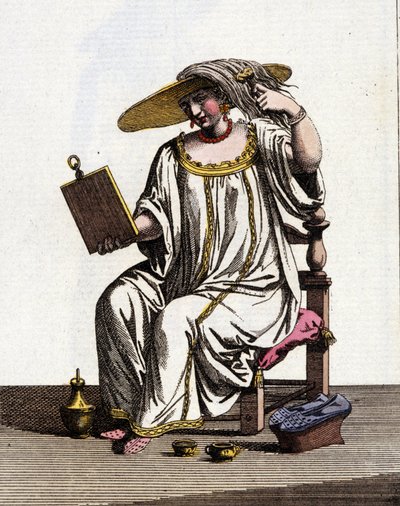 Venetiaanse vrouwenmethode om hun haar in de zon te verlichten in de 17e - 18e eeuw. Aquareltekening en inkt uit het manuscript “Gewoonten van de Venetianen” door Jan van Grevenbroeck (of Giovanni Grevembroch (Grevenbroch) (1731-1807) door Jan van Grevenbroeck