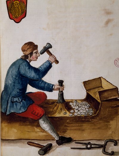 Werker bij munt, illustratie uit Geïllustreerd boek van Venetiaanse kostuums, door Jan Grevenbroeck, aquarel, Italië door Jan van Grevenbroeck