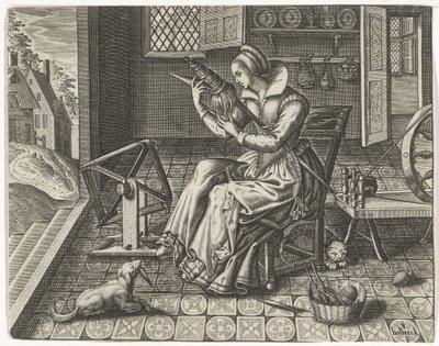 Spinster in een interieur door Jan van Halbeeck