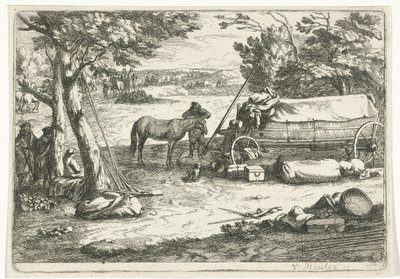 Landschap met kar en figuren door Jan van Huchtenburg