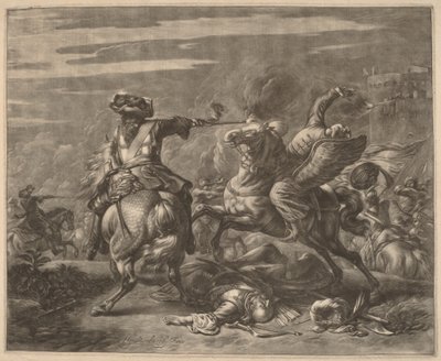 Een ruiter schiet een Turk van zijn paard door Jan van Huchtenburgh