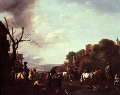 Ruiters en reizigers gestopt in een dorp door Jan van Huchtenburgh