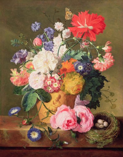 Bloemen in een terracotta vaas, 1744 (paneel) door Jan van Huysum