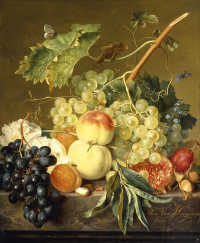 Fruit, hazelnoten en stokrozen op een marmeren richel door Jan van Huysum