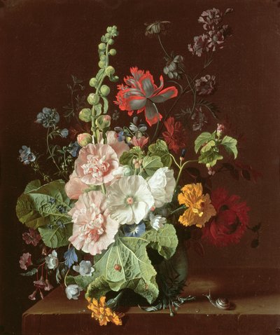 Stokrozen en Andere Bloemen in een Vaas, 1702-20 door Jan van Huysum