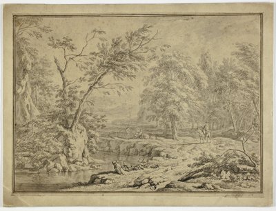 Landschap met herders bij rivier en man te paard door Jan van Huysum