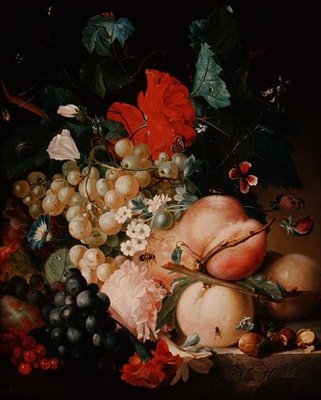Gemengde bloemen en fruit met insecten op een marmeren sokkel door Jan van Huysum