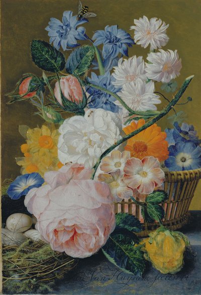 Rozen, ochtendglorie, narcissen, aster en andere bloemen in een mand, met eieren in een nest op een marmeren richel, 1744 door Jan van Huysum