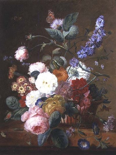 Stilleven met bloemen in een mand door Jan van Huysum