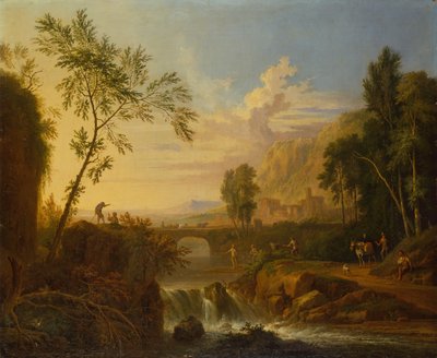 Een bebost landschap met een boerenpaar bij een graf en vissers bij een waterval door Jan van Huysums