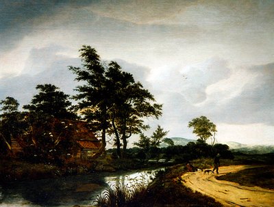 Een Rivierlandschap met een Huisje, Twee Boeren en hun Hond door Jan van III Kessel