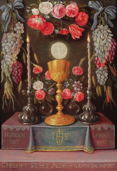Een Kelk met de Eucharistie in een Cartouche Versierd met Bloemen en Fruit, ca. 1664 door Jan van Kessel the Elder