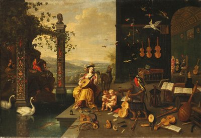 Een Personificatie van Muziek: Een Jonge Vrouw die een Luit Speelt op een Terras voor een Open Galerij door Jan van Kessel