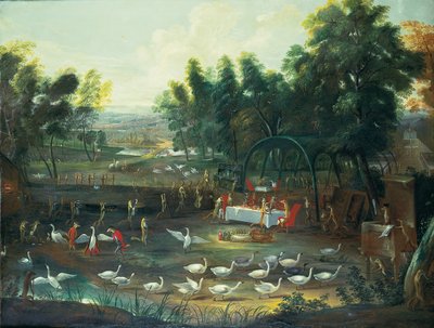 Een feest op het platteland van vossen en zwanen door Jan van Kessel