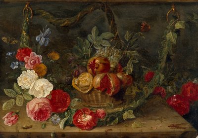Decoratieve stilleven compositie met een mand fruit door Jan van Kessel