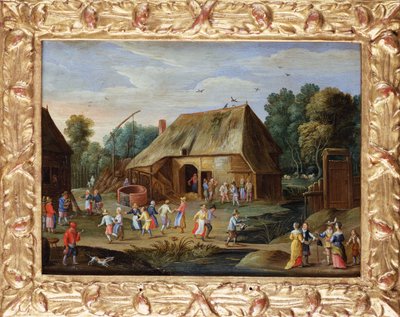 Adel op een boerenfeest in een boerenerf door Jan van Kessel