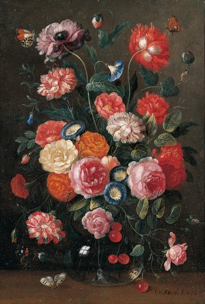 Rozen, anjers, ochtendglorie, een klaproos en een takje kersen in een glazen vaas, een muurbruin, een oranjetip, een Atalanta en een magpie vlinder op een tafel, 1676 door Jan van Kessel