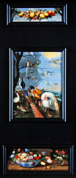 Stilleven tableaux - krans van fruit, diverse vogels, boeketten door Jan van Kessel the Elder