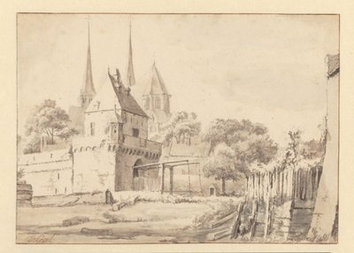 Gezicht op de Bergpoort en Bergkerk in Deventer door Jan van Kessel