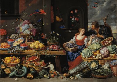 Fruit- en groentemarkt met een jonge fruitverkoper door Jan van Kessel d.Æ.