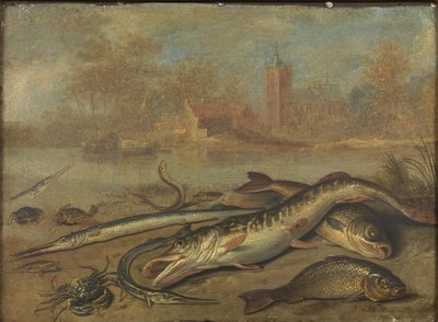 Vis en landschap door Jan van Kessel the Elder