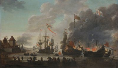 De Nederlanders verbranden Engelse schepen tijdens de Nederlandse aanval op de Medway, 20 juni 1667 door Jan van Leyden