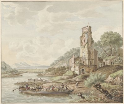 Landschap met schuit met koopwaar bij een kasteel door Jan van Lockhorst