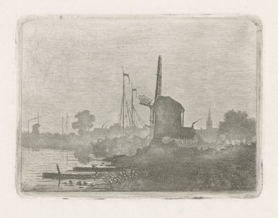 Gezicht op een molen aan het water door Jan van Lokhorst