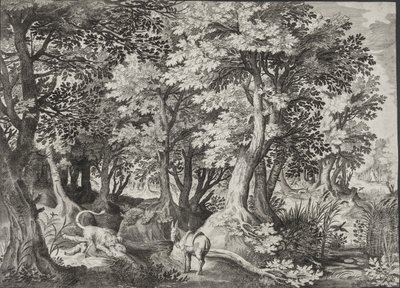 Landschap met de ongehoorzame profeet die door een leeuw wordt verslonden door Jan van Londerseel
