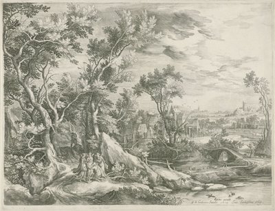 Landschap met Abraham die de drie engelen smeekt Sodom te sparen door Jan van Londerseel